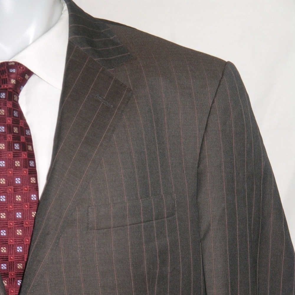 David August Taupe Striped Two Button Bespoke Suit 46L